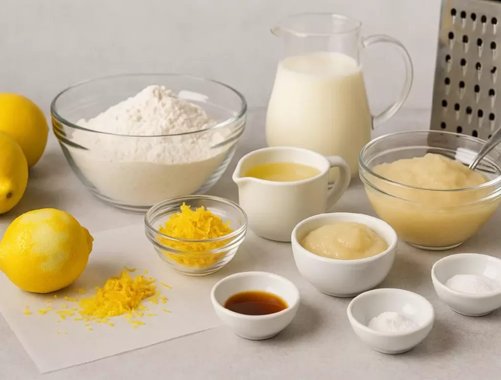 Ingredients for vegan lemon loaf recipe displayed on a light surface, including zested lemons, flour, plant milk, applesauce, oil, vanilla extract, and lemon zest in small glass bowls, ready for baking.