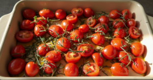 a baking dish filled with halved cherry tomatoes mixed with olive oil minced garlic fresh thyme