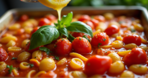 a large baking dish showing roasted cherry tomatoes being mixed with cooked orecchiette pasta fresh