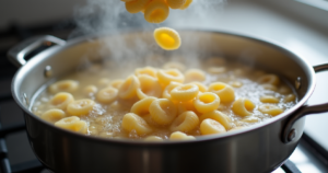a pot of boiling water on the stove with dried orecchiette pasta being added