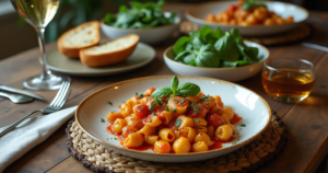 a serving of roasted tomato orecchiette pasta_on a dinner table paired with a side of vegan garlic