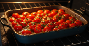 an oven interior with a baking dish of cherry tomatoes roasting the tomatoes are beginning to softe vccoey