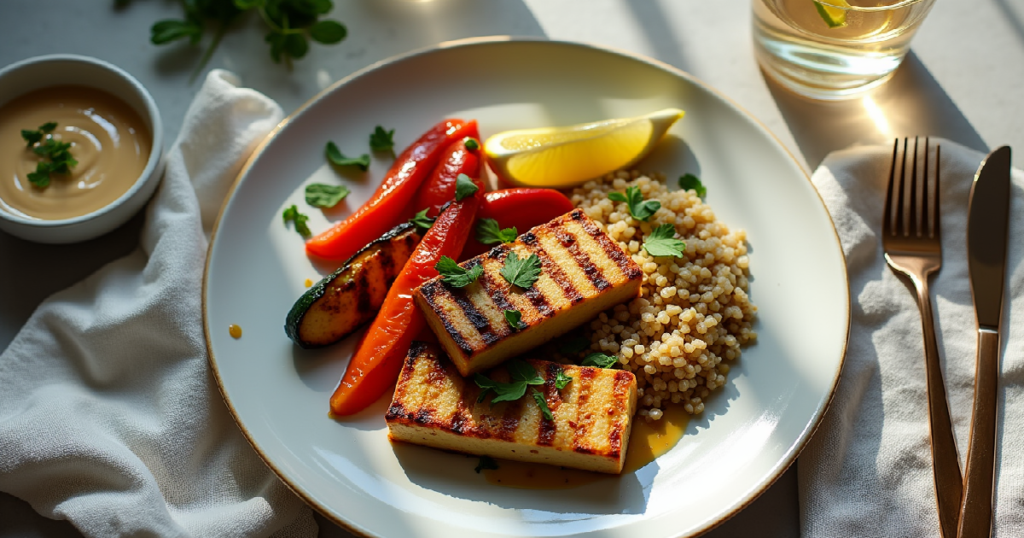 beautifully plated dish featuring grilled tofu on a large white plate the tofu