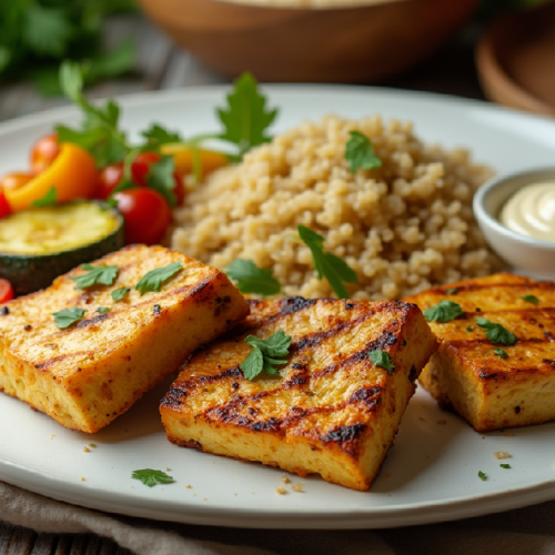 grilled tofu recipe-beautifully plated grilled tofu dish on a large white plate the tofu has a crisp