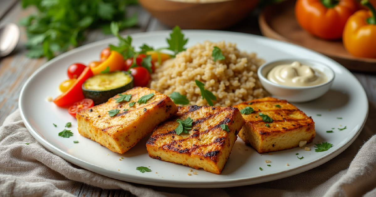 grilled tofu recipe-a beautifully plated grilled tofu dish on a large white plate the tofu has a crisp