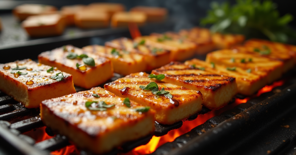 tofu grilling on a hot grill showcasing