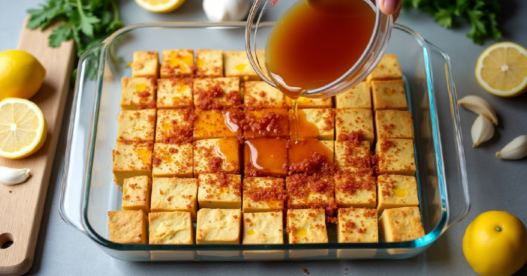 tofu marinating scene in a large glass baking dish the tofu slices are arranged