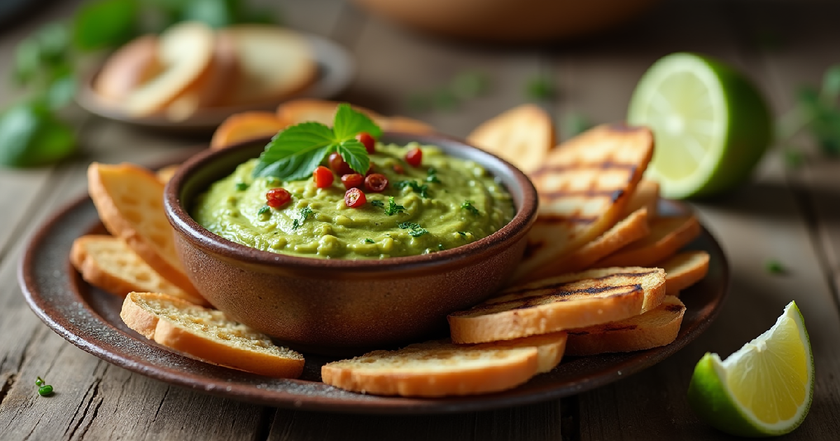 Creamy avocado spread garnished with cilantro in a ceramic bowl beside toasted sourdough slices