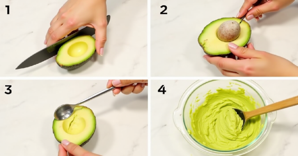 Steps showing slicing, twisting, pitting, and scooping avocado into a bowl