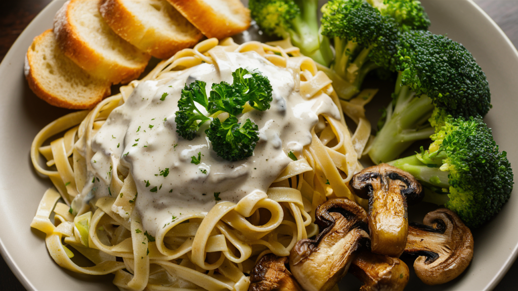 A plate of fettuccine covered in dairy-free Alfredo sauce