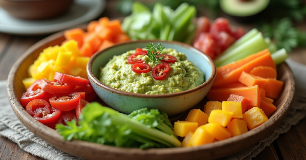 Bowl of avocado spread served with assorted fresh vegetable sticks