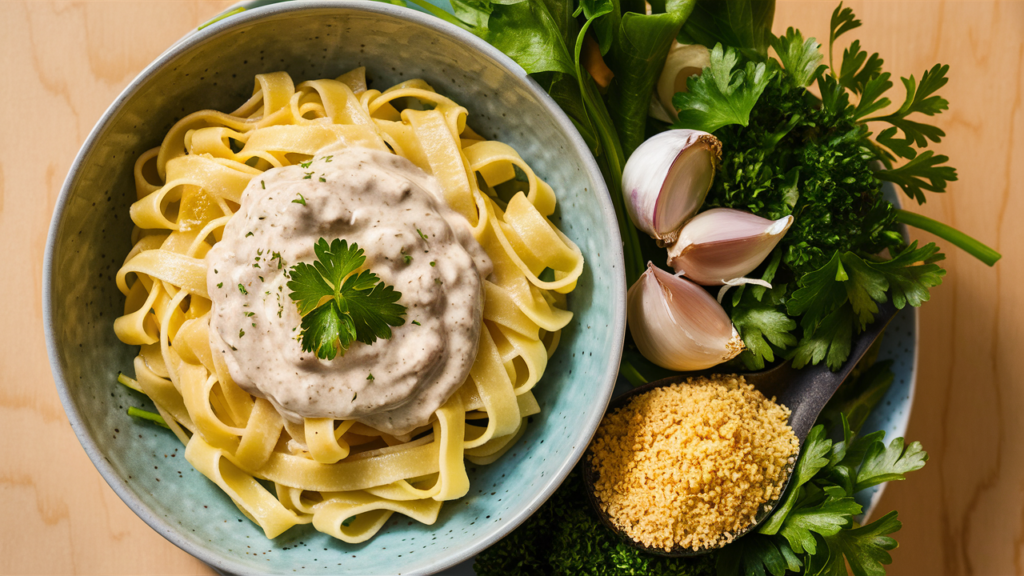 Bowl of dairy-free Alfredo sauce with fettuccine pasta and fresh ingredients