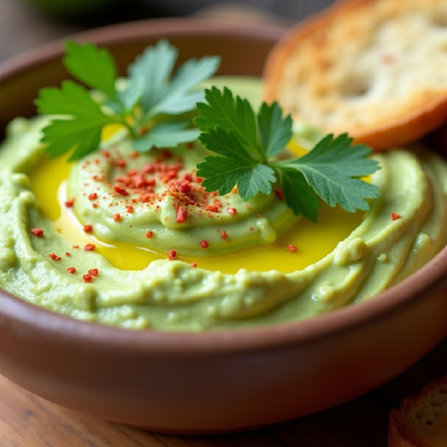 Creamy avocado spread garnished with cilantro in a ceramic bowl beside toasted sourdough slices