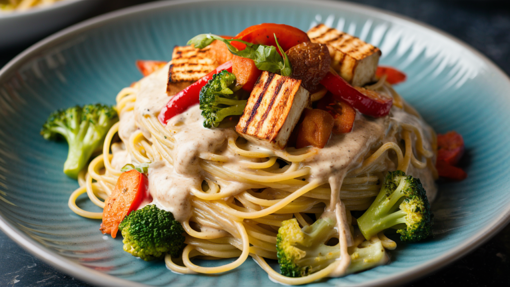 Dairy-free Alfredo sauce with grilled tofu and sautéed vegetables for a vegan alternative.