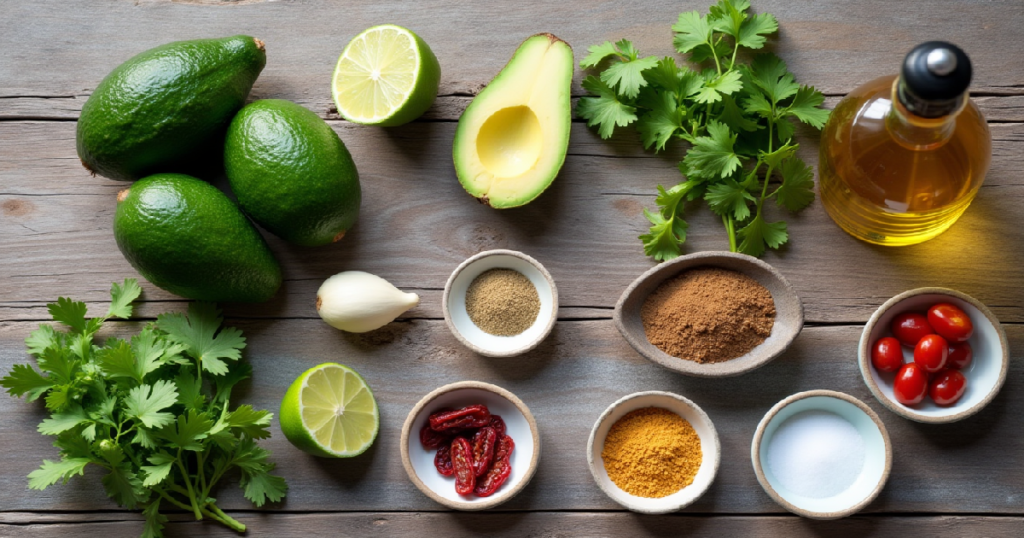 Fresh ingredients for avocado spread laid out on a wooden countertop