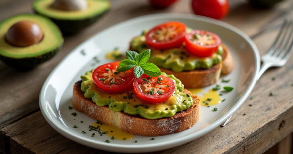 Toast topped with avocado spread, cherry tomatoes, and chia seeds