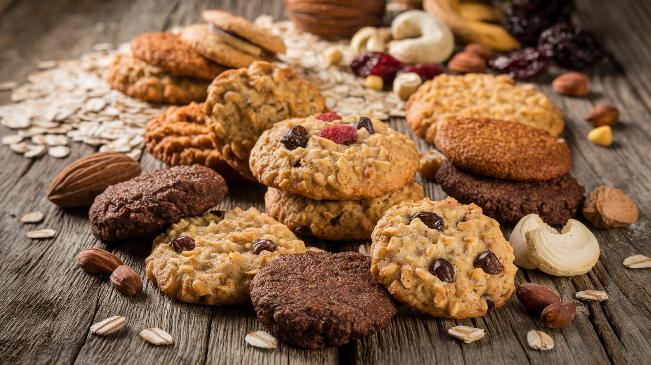 Assortment of freshly baked vegan oatmeal cookies on a rustic wooden tray with rolled oats and chopped nuts.