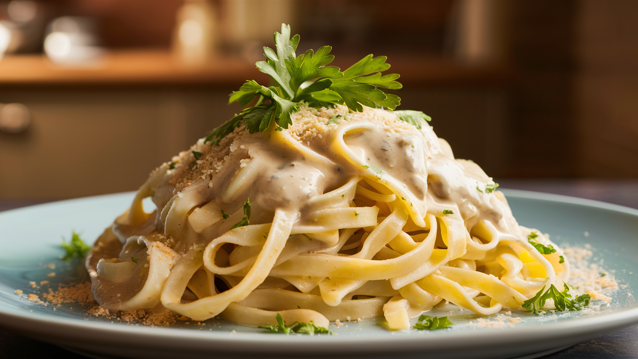 Fettuccine pasta with creamy dairy-free Alfredo sauce, garnished with fresh parsley and vegan Parmesan.