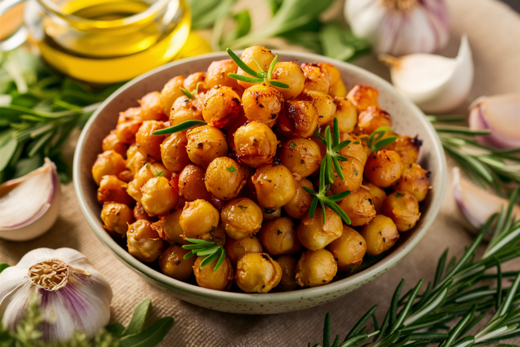 A close-up showing both the crispy exterior and the creamy interior of a roasted Marry Me Chickpea, cut in half. The image captures the texture difference clearly, with one half showcasing a perfectly crispy, golden-brown crust, while the other half reveals a soft, tender, and creamy center. The lighting emphasizes the contrast between the textures, with the crispy side catching more light to highlight its crunch, while the creamy interior appears smooth and moist. Fresh herbs are visible in the background, adding a hint of green that evokes freshness and enhances the visual appeal.