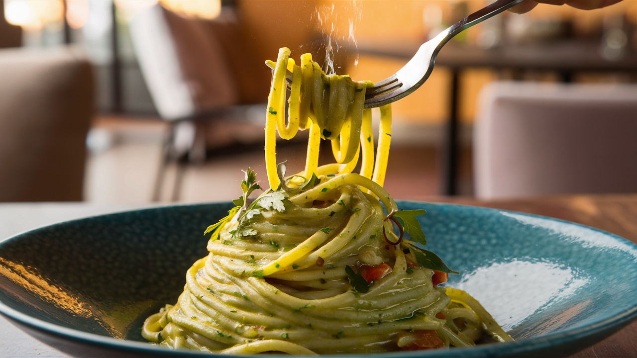 green spagheti- A serving suggestion with a fork twirling a portion of green spaghetti, placed beside the plated dish