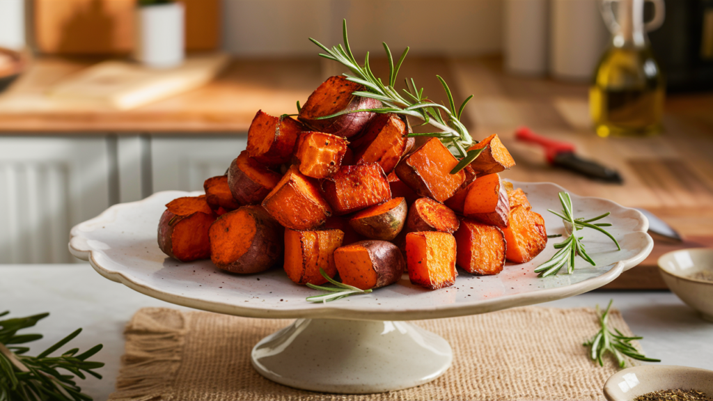 Featured image of crispy air fryer sweet potato cubes garnished with rosemary on a white ceramic plate