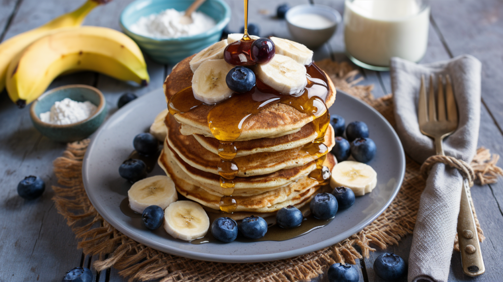 Stack of vegan banana pancakes with banana slices, blueberries, and maple syrup on a rustic wooden table.