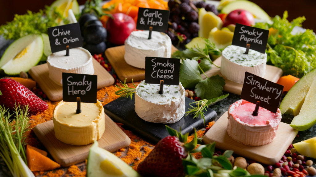 A variety of flavored vegan cream cheeses, including savory and sweet options, beautifully styled with fresh garnishes.