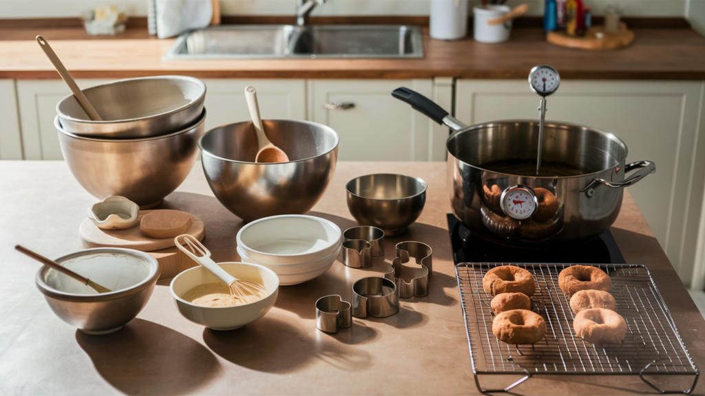 Essential donut-making tools on a kitchen counter: mixing bowls, a wooden spoon, a whisk, round donut cutters, a deep frying pot with a thermometer, and a wire rack over a baking sheet.