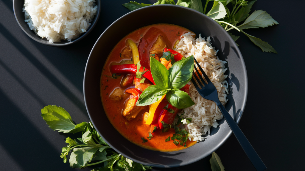 Authentic Thai red curry recipe served with jasmine rice in a modern black bowl, featuring colorful vegetables and aromatic coconut sauce