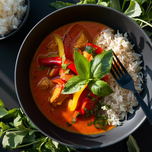 Authentic Thai red curry recipe served with jasmine rice in a modern black bowl, featuring colorful vegetables and aromatic coconut sauce