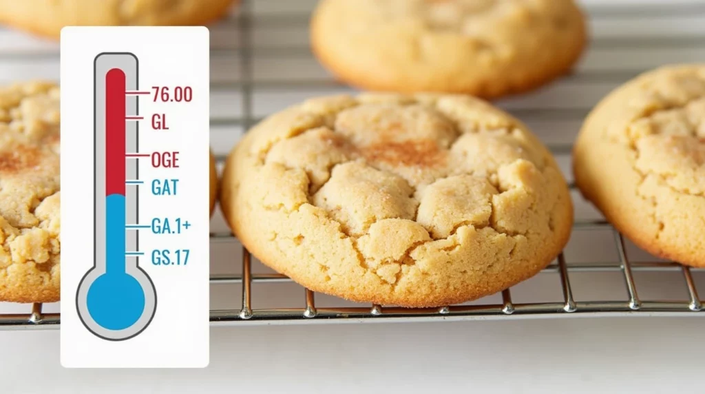 Close-up of snickerdoodles on a cooling rack with visual temperature tips displayed on a side graphic (e.g., 375°F highlighted).