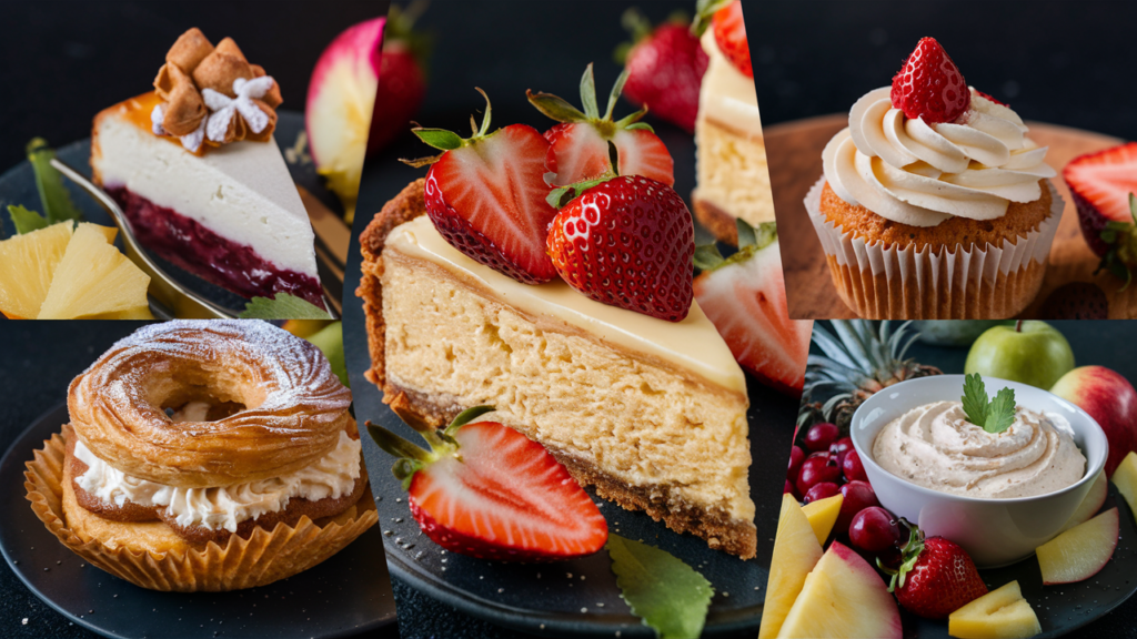 A collage of vegan desserts: a slice of cheesecake with strawberries, a cupcake with cream cheese frosting, a flaky Danish pastry, and a bowl of cream cheese dip surrounded by fresh fruit.