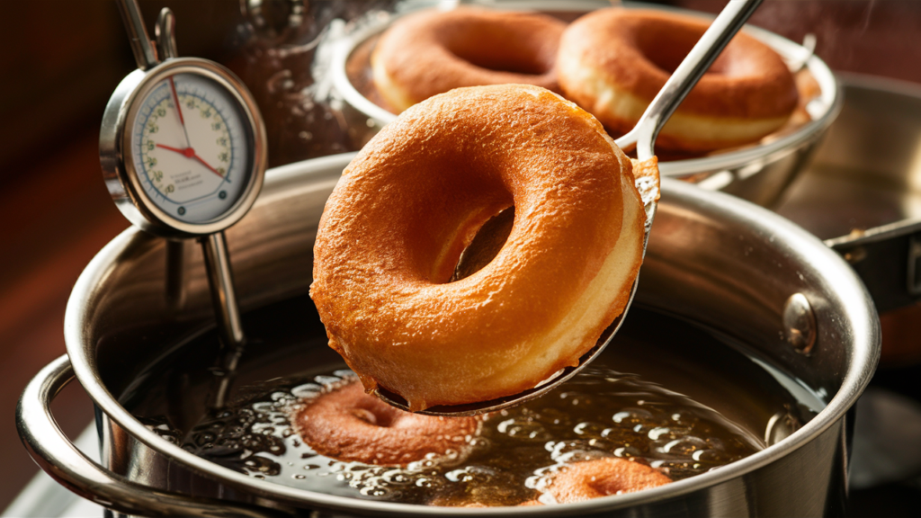 Golden-brown donuts frying in a deep pot, with a candy thermometer clipped to the side and a slotted spoon lifting a perfectly cooked donut.