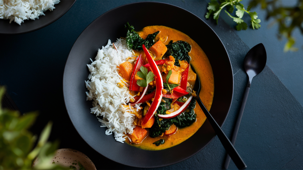 Homemade Thai red curry recipe with colorful vegetables served in a black bowl alongside steamed jasmine rice, featuring vibrant bell peppers, leafy greens, and golden curry sauce in a modern food photography style against a dark background