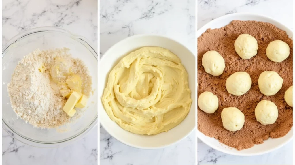 Collage of steps to bake snickerdoodles, from mixing to rolling dough in cinnamon sugar