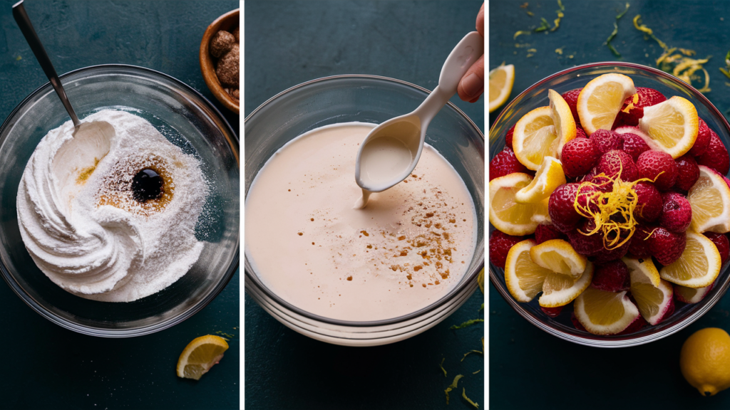 Three panels: mixing cream cheese, powdered sugar, and vanilla in a bowl; adjusting the consistency with plant-based milk; and folding in fresh fruit puree and lemon zest.