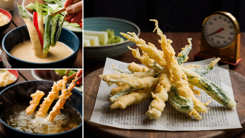 Step-by-step process of frying vegetable tempura, including batter dipping, frying, and draining.