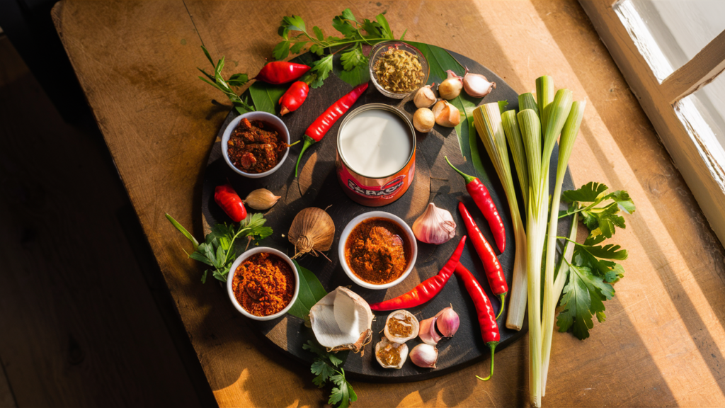 Fresh ingredients for homemade Thai red curry recipe including aromatics, spices, and coconut milk arranged on wooden surface