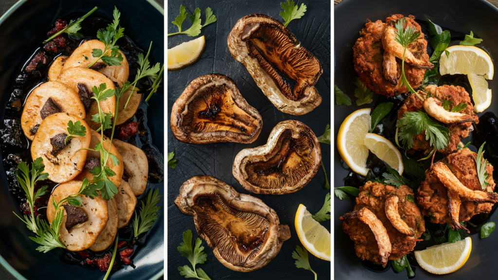 Lion's mane mushroom served three ways on white ceramic plates - tender sautéed medallions garnished with fresh herbs, thick steaks with bold grill marks and a smoky char, and pan-seared 'crab' cakes with a golden crust, accompanied by fresh lemon wedges and microgreens