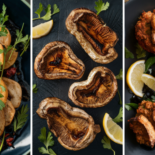 Lion's mane mushroom served three ways on white ceramic plates - tender sautéed medallions garnished with fresh herbs, thick steaks with bold grill marks and a smoky char, and pan-seared 'crab' cakes with a golden crust, accompanied by fresh lemon wedges and microgreens