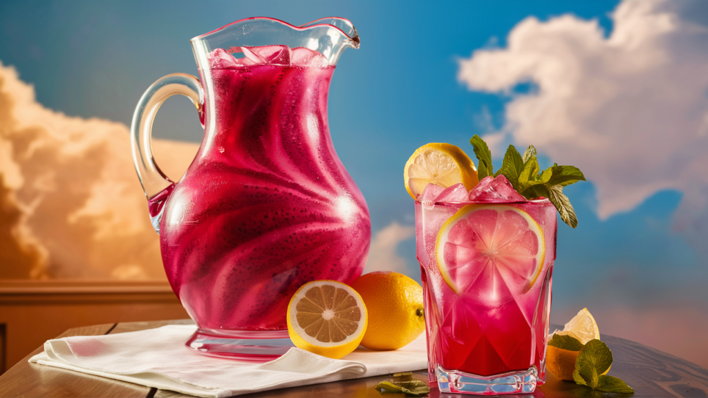 a glass pitcher filled with a vibrant pink dragon fruit mint lemonade