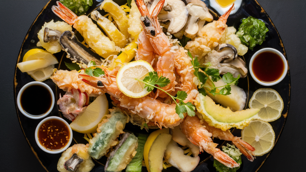 A variety of tempura, including shrimp, mushroom, and fruit, with dipping sauces on the side.