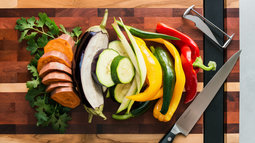 Fresh vegetables like sweet potato, zucchini, and bell peppers sliced and prepared for tempura.