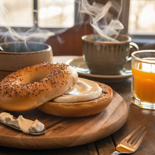 Rustic breakfast scene featuring a bagel with creamy vegan cream cheese