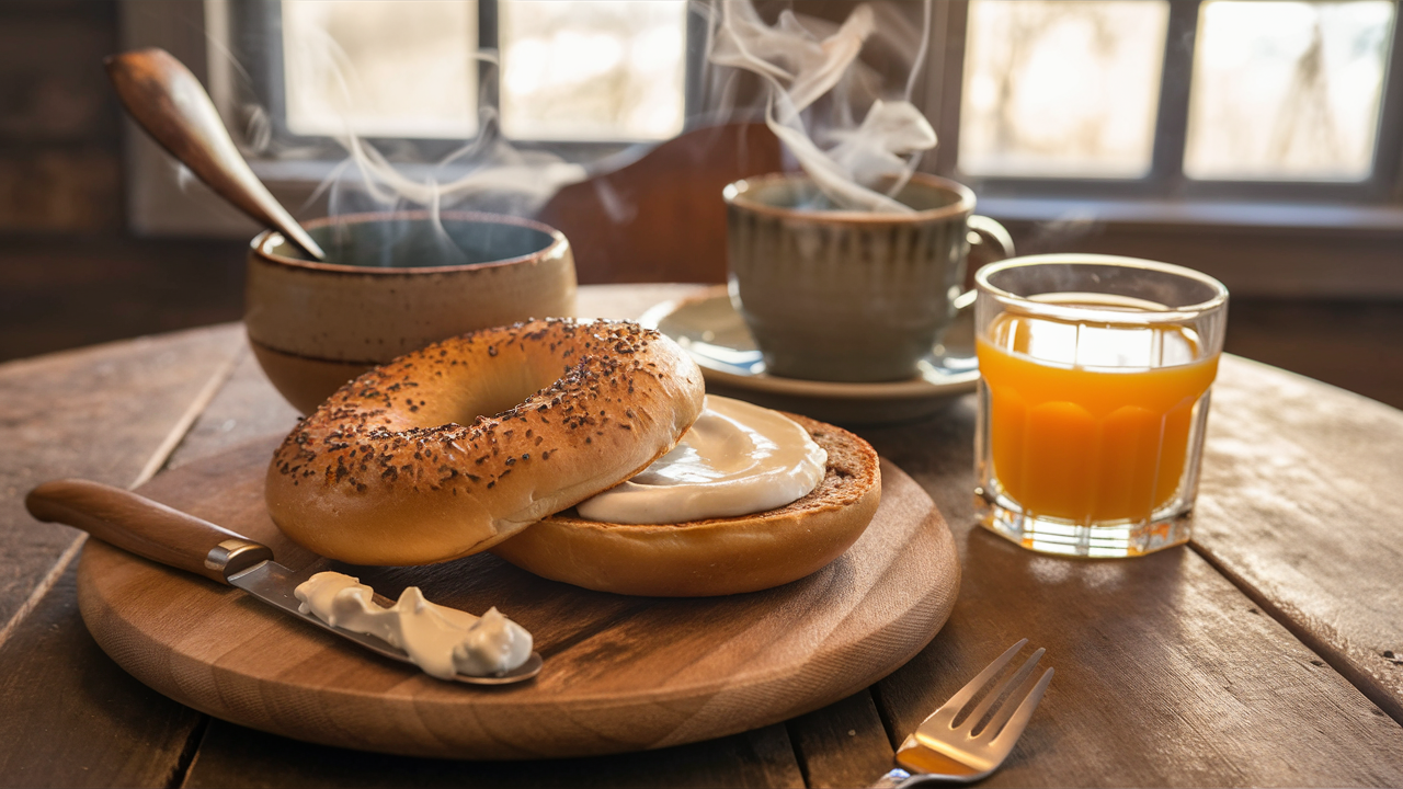 Rustic breakfast scene featuring a bagel with creamy vegan cream cheese