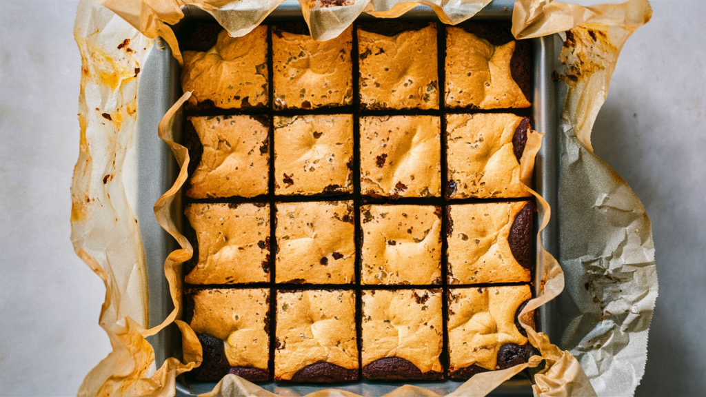 Freshly baked lemon brownies in a parchment-lined baking pan.