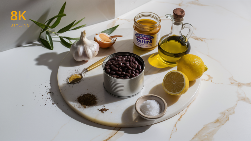 Fresh ingredients for black bean hummus arranged on marble surface