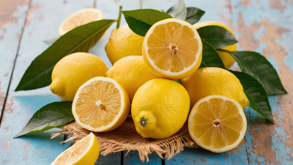 Fresh lemons, whole and halved, showcasing their juicy interiors.