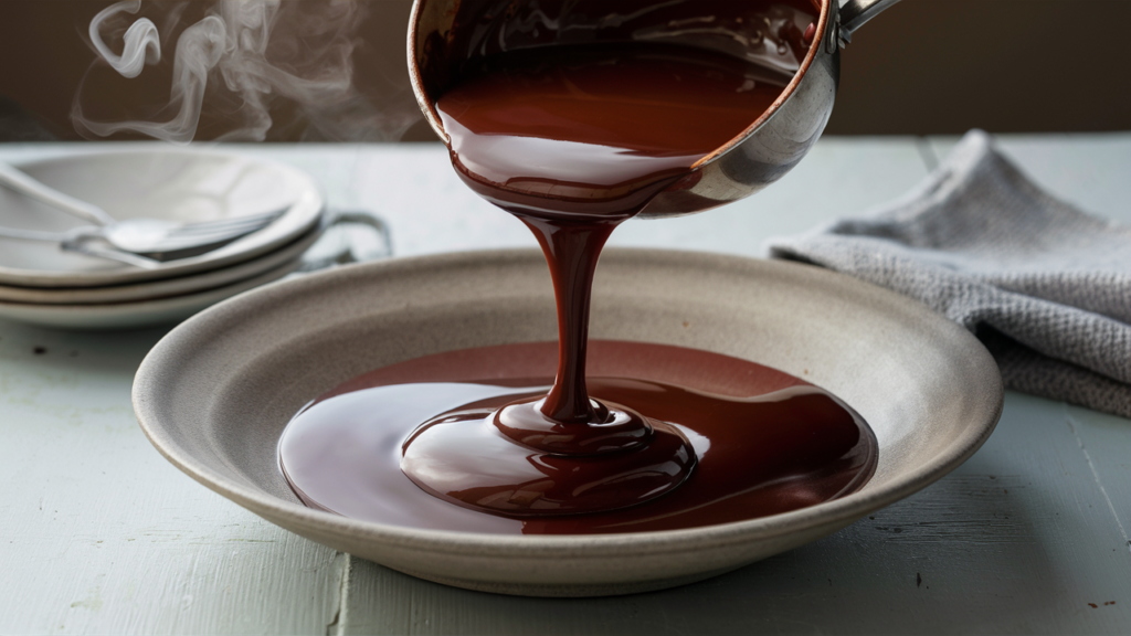 Glossy chocolate glaze being poured from a saucepan into a wide bowl, with steam rising and a smooth, velvety texture highlighted.