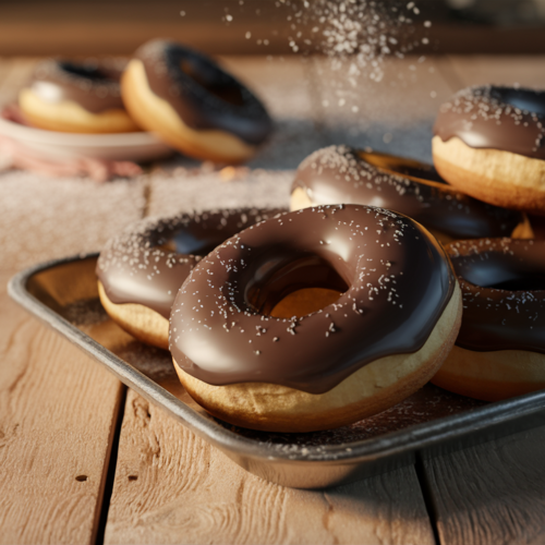 Freshly fried chocolate glazed donuts on a rustic wooden table, steam rising gently, with a sprinkle of powdered sugar in the background.